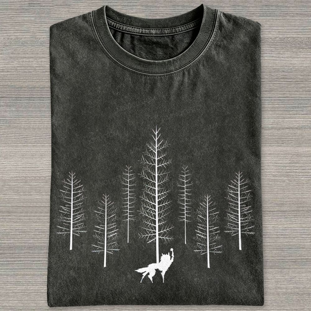 Howling Wolf Raise Fist Pine Forest Silhouette Washed T-shirt
