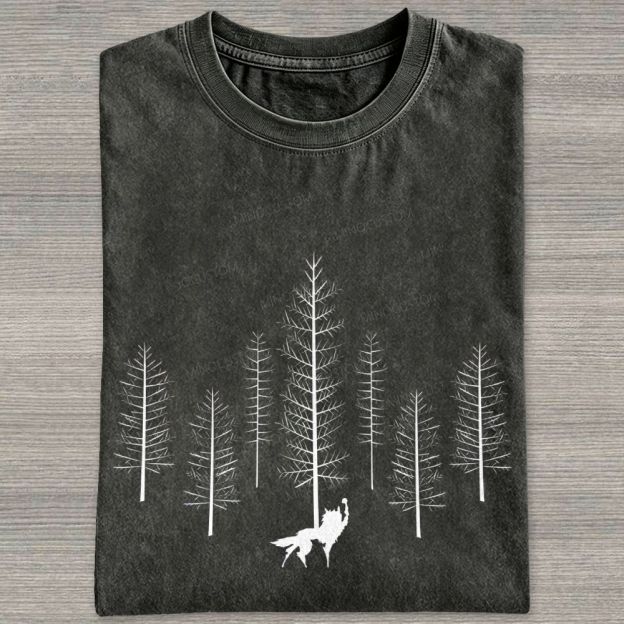 Howling Wolf Raise Fist Pine Forest Silhouette Washed T-shirt