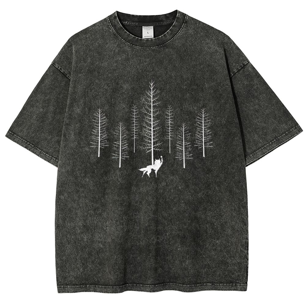 Howling Wolf Raise Fist Pine Forest Silhouette Washed T-shirt