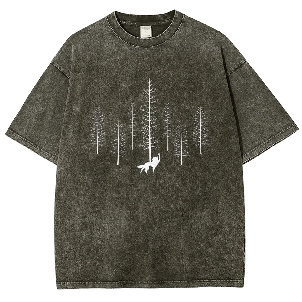 Howling Wolf Raise Fist Pine Forest Silhouette Washed T-shirt