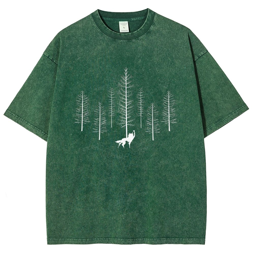 Howling Wolf Raise Fist Pine Forest Silhouette Washed T-shirt