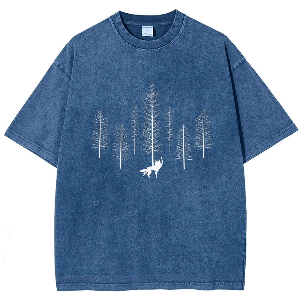 Howling Wolf Raise Fist Pine Forest Silhouette Washed T-shirt