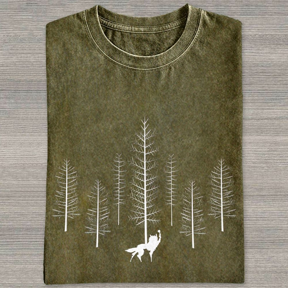 Howling Wolf Raise Fist Pine Forest Silhouette Washed T-shirt