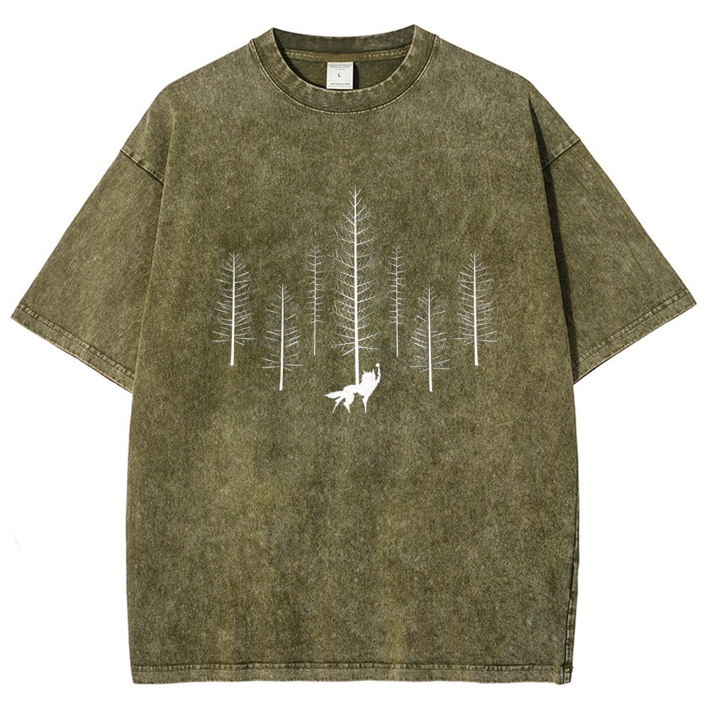 Howling Wolf Raise Fist Pine Forest Silhouette Washed T-shirt