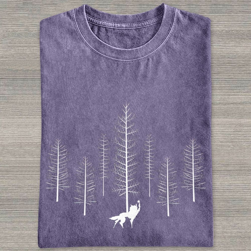Howling Wolf Raise Fist Pine Forest Silhouette Washed T-shirt