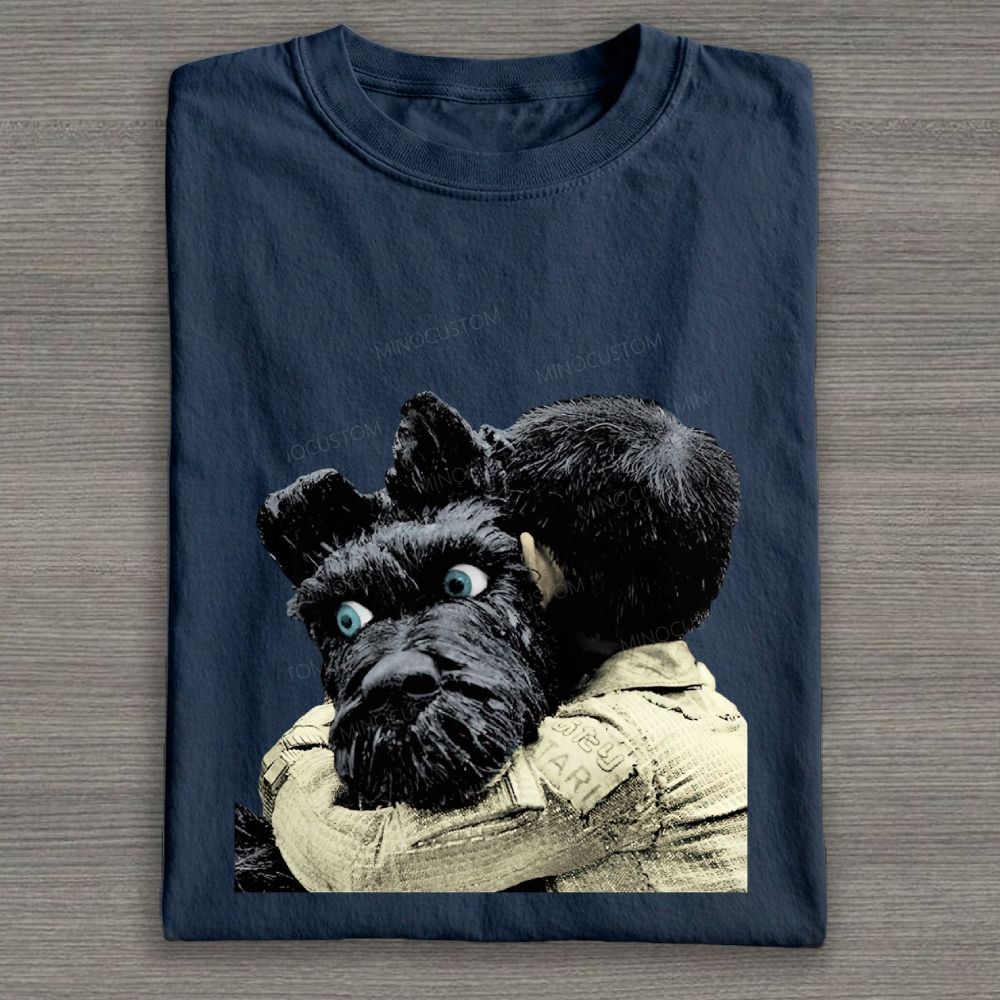 Boy Hugging Black Dog Vintage Cotton T-shirt