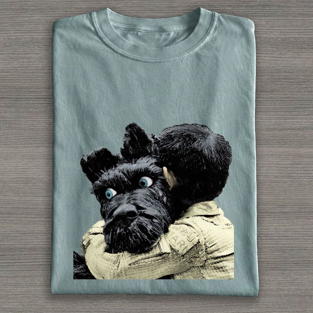 Boy Hugging Black Dog Vintage Cotton T-shirt