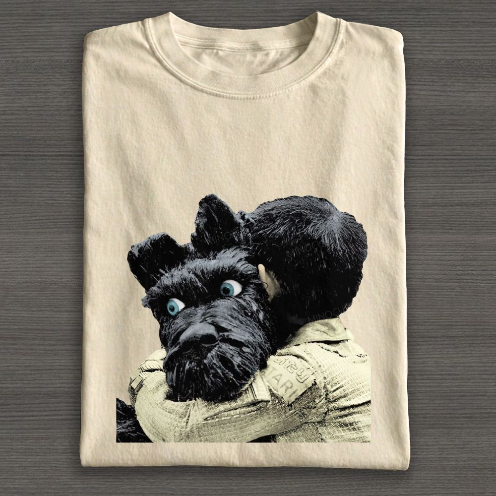 Boy Hugging Black Dog Vintage Cotton T-shirt