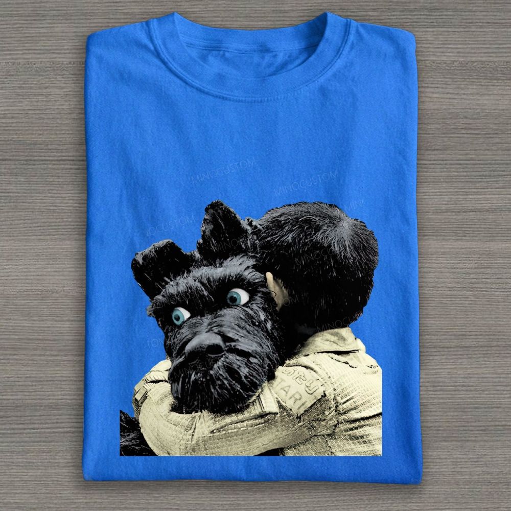 Boy Hugging Black Dog Vintage Cotton T-shirt