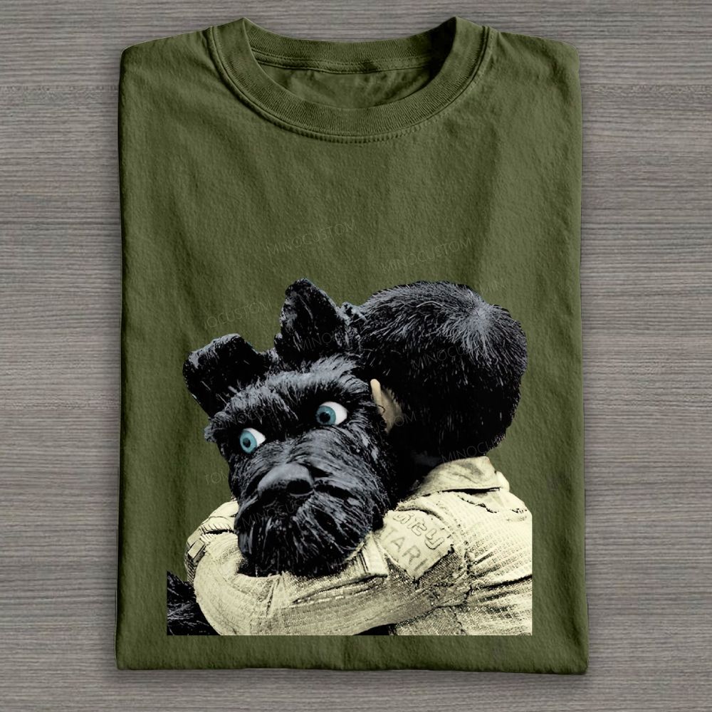 Boy Hugging Black Dog Vintage Cotton T-shirt