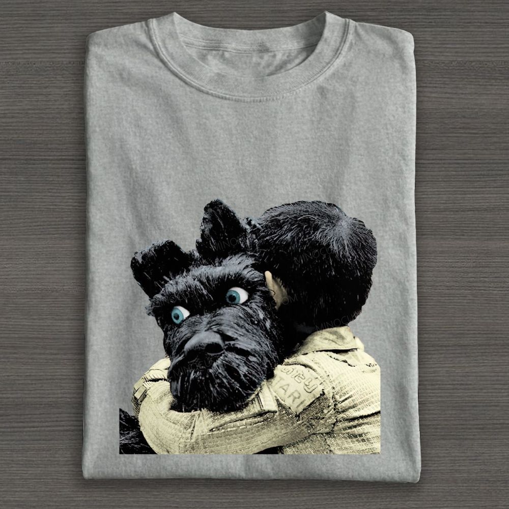 Boy Hugging Black Dog Vintage Cotton T-shirt