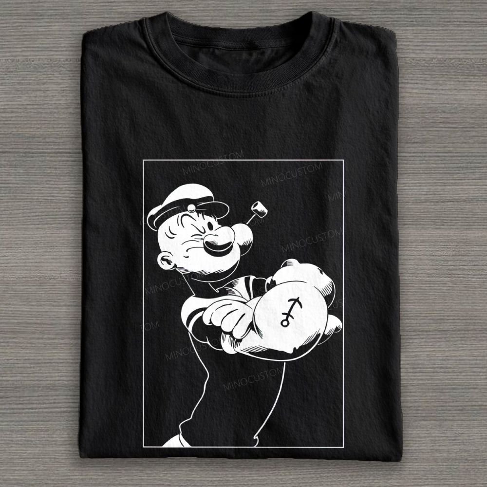 Vintage Monochrome Muscular Sailor Character Line Cotton T-shirt