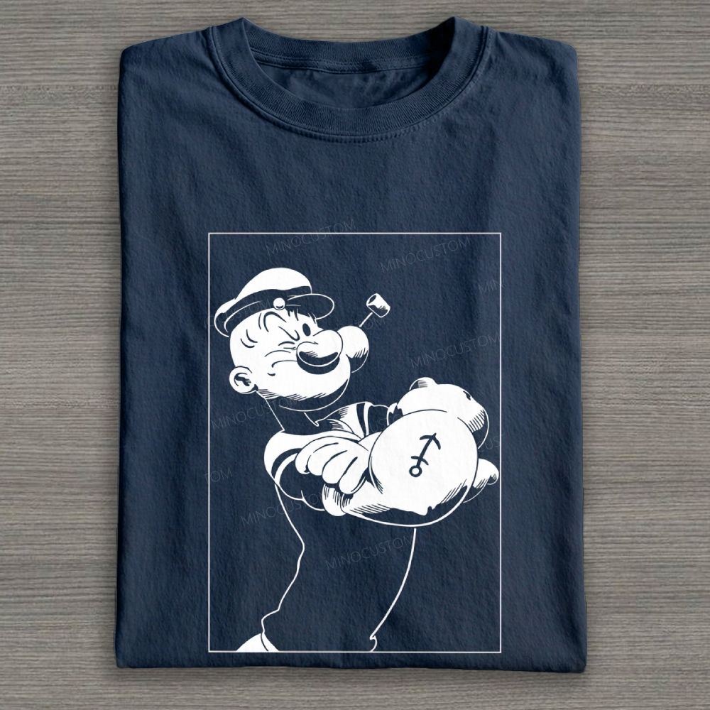 Vintage Monochrome Muscular Sailor Character Line Cotton T-shirt