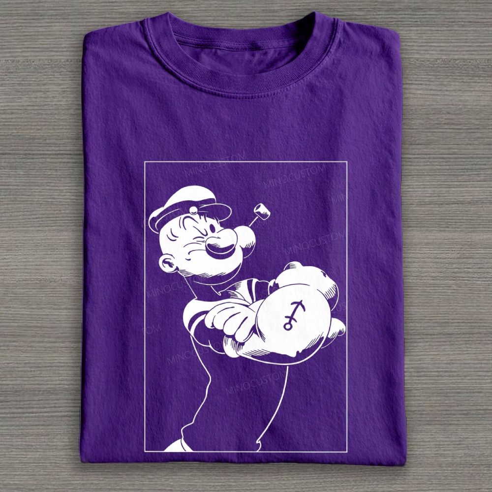 Vintage Monochrome Muscular Sailor Character Line Cotton T-shirt