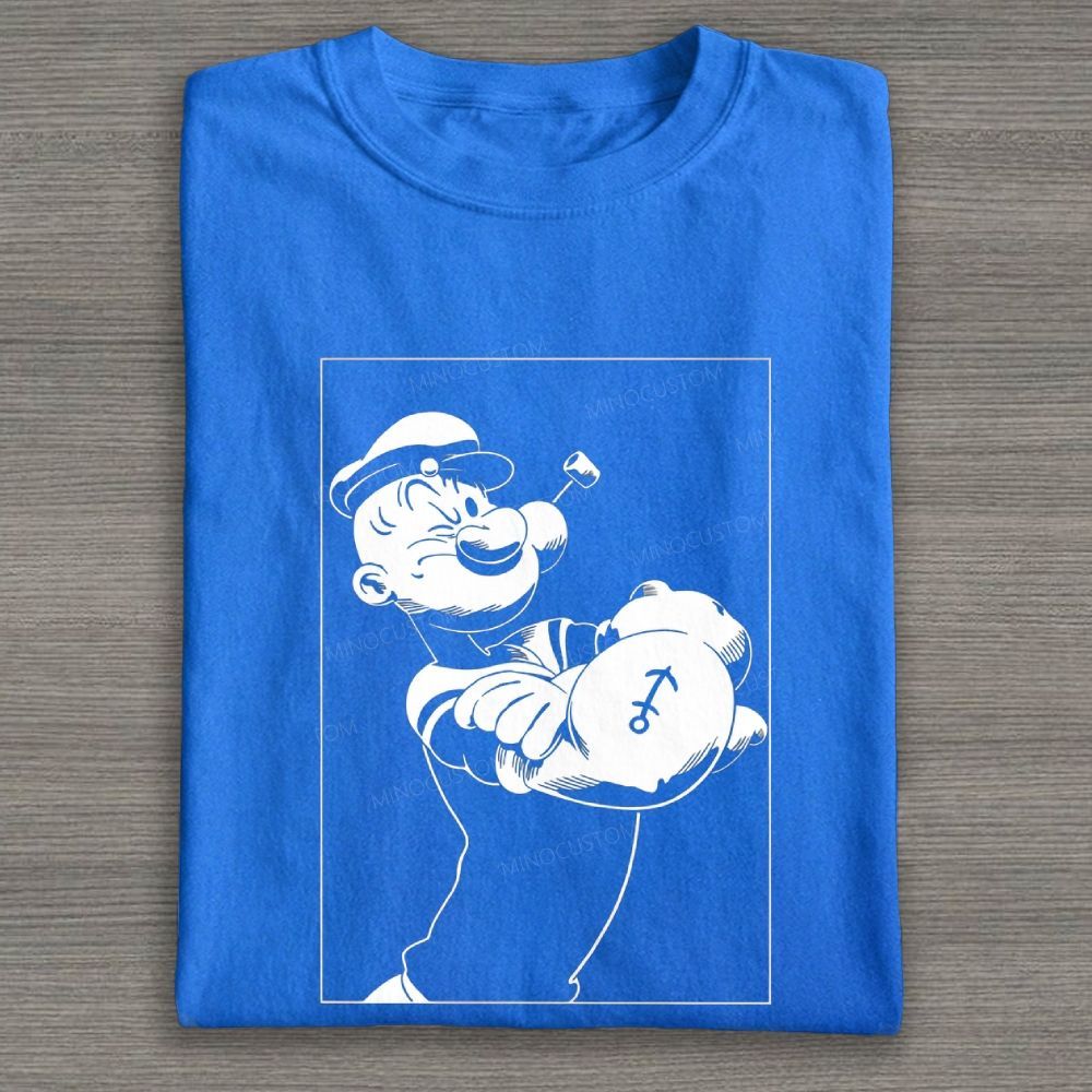 Vintage Monochrome Muscular Sailor Character Line Cotton T-shirt