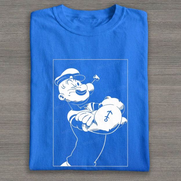 Vintage Monochrome Muscular Sailor Character Line Cotton T-shirt