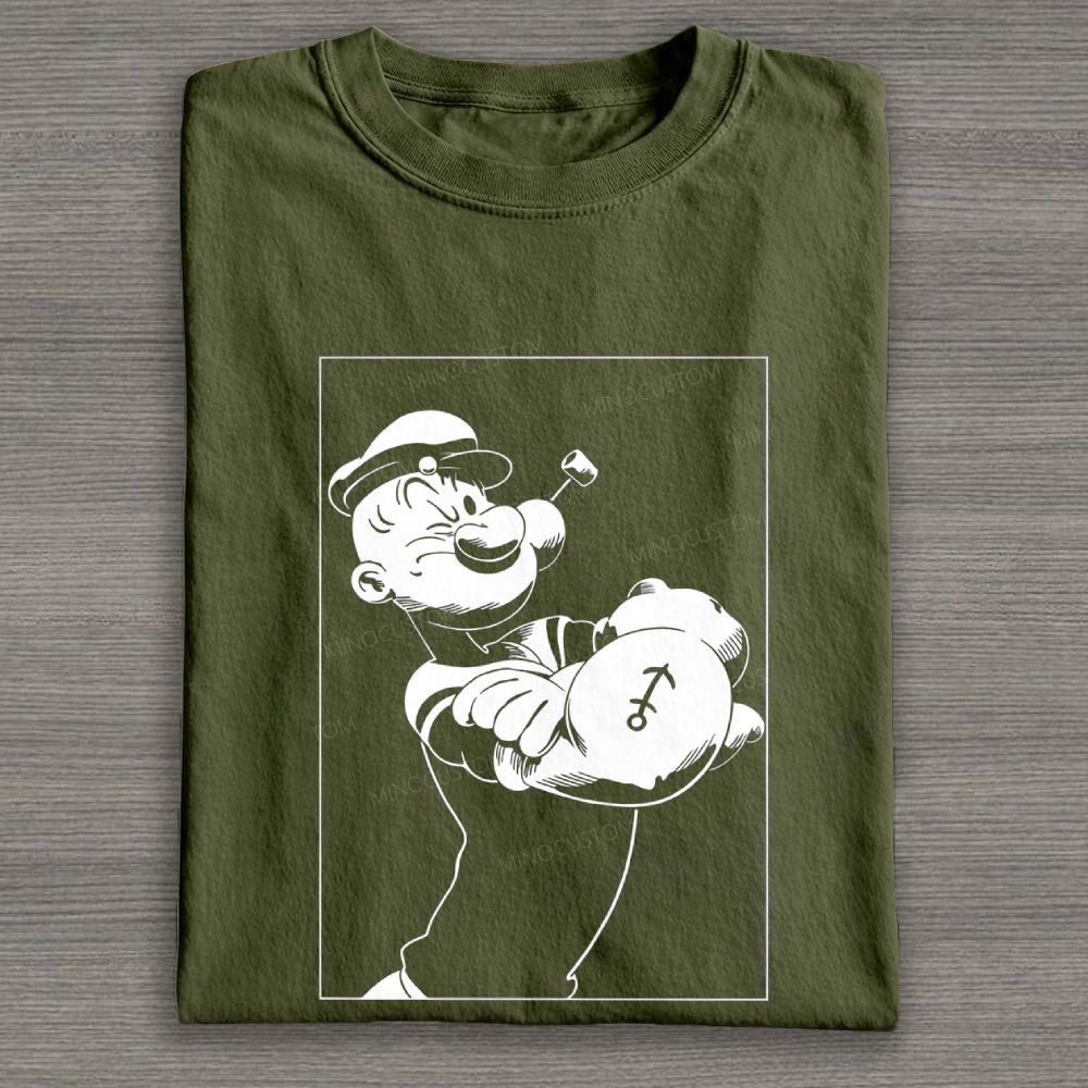 Vintage Monochrome Muscular Sailor Character Line Cotton T-shirt