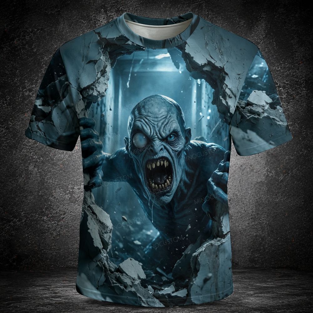 Scary Zombie Break Through Wall 3D Print Men's  Vintage Short Sleeve T-shirt