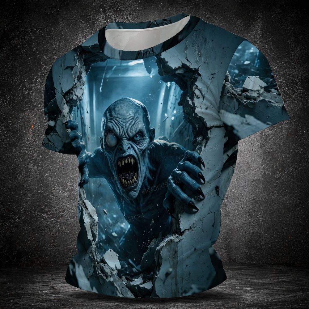 Scary Zombie Break Through Wall 3D Print Men's  Vintage Short Sleeve T-shirt