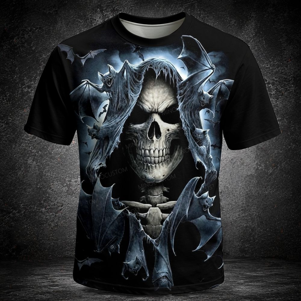 Gothic Skull Reaper With Bats Dark 3D Print Men's  Vintage Short Sleeve T-shirt
