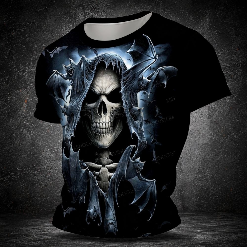 Gothic Skull Reaper With Bats Dark 3D Print Men's  Vintage Short Sleeve T-shirt