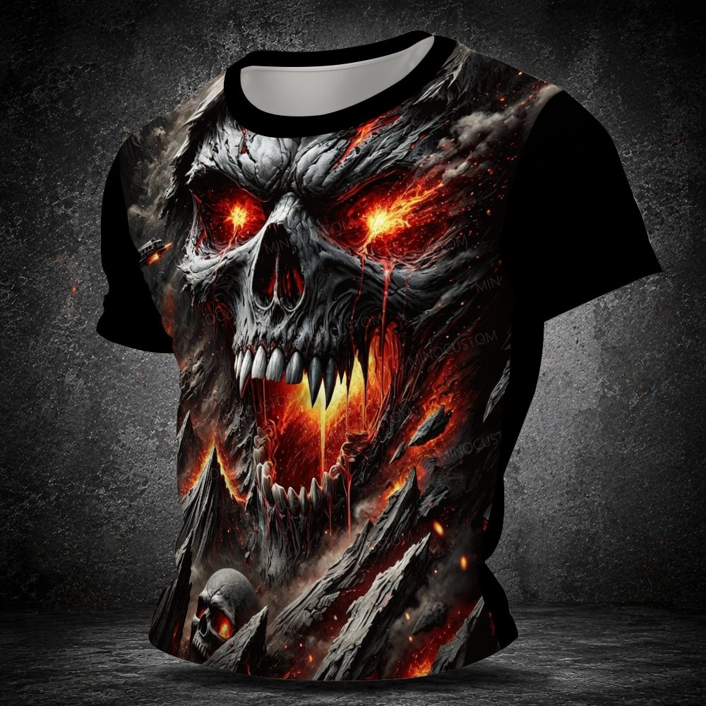 Men's  Vintage Fiery Lava Skull Volcano Dark Fantasy 3D Print Short Sleeve T-shirt