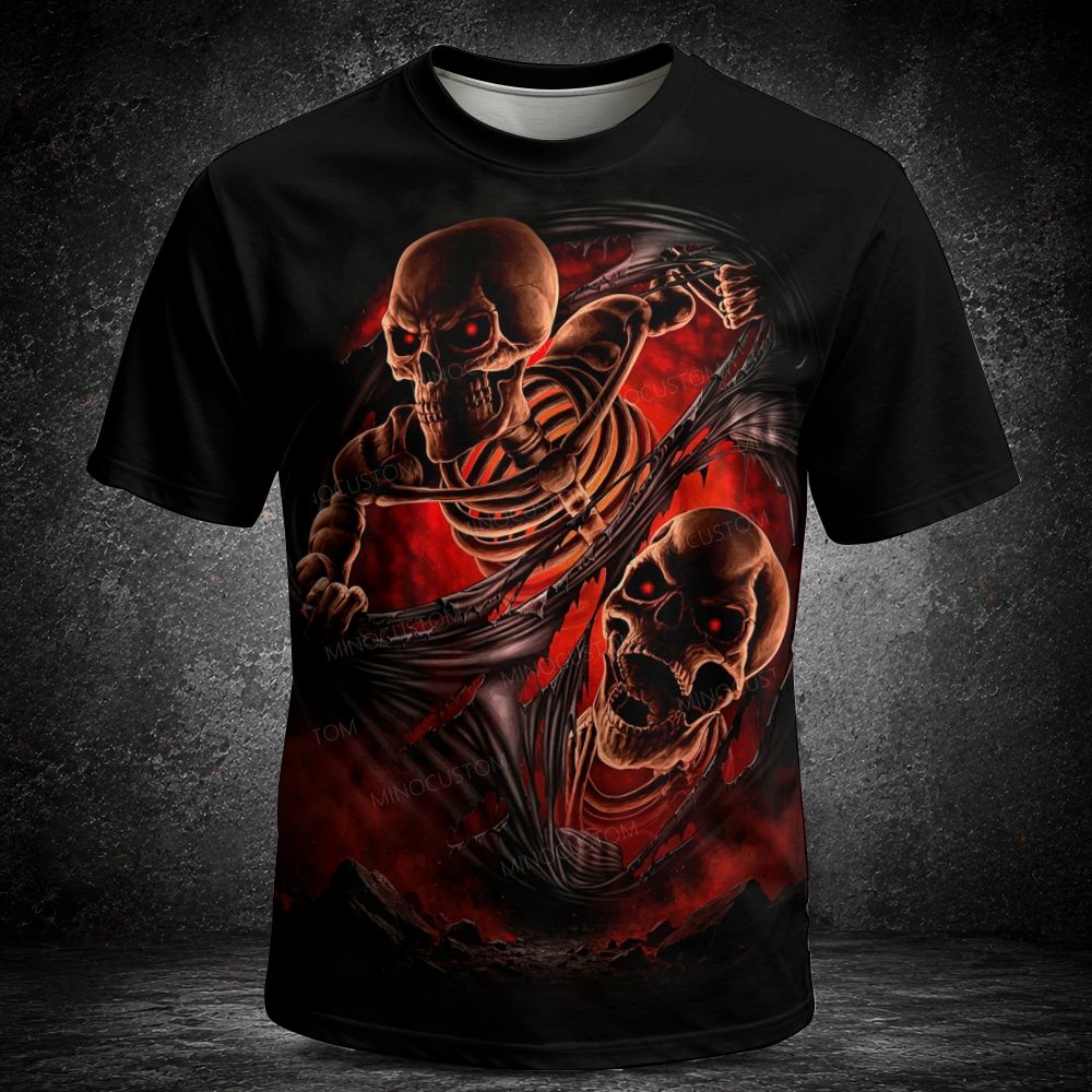 Men's  Vintage Two Skeleton Tear Through Fabric Dark Horror Print Short Sleeve T-shirt