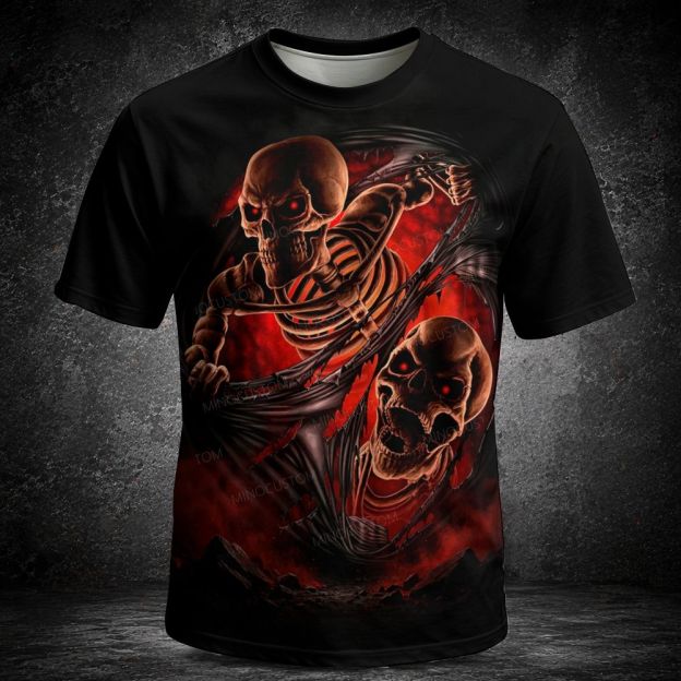 Men's  Vintage Two Skeleton Tear Through Fabric Dark Horror Print Short Sleeve T-shirt