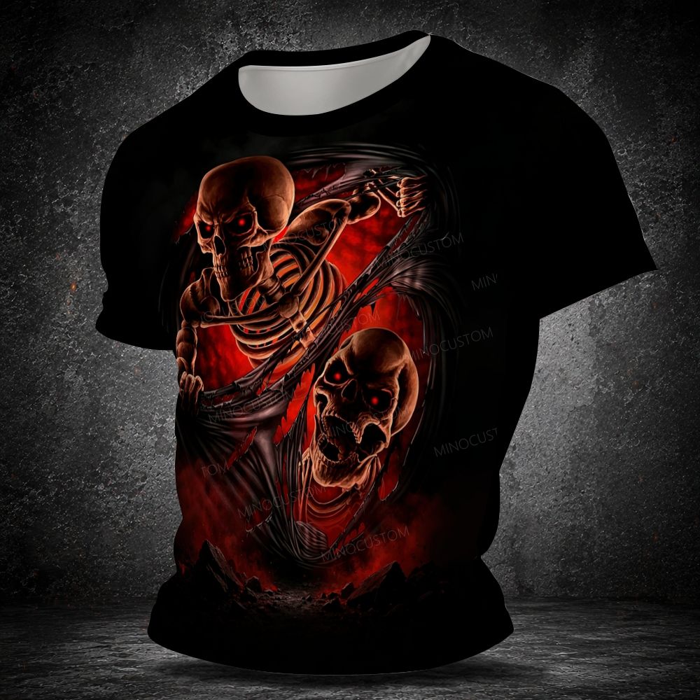 Men's  Vintage Two Skeleton Tear Through Fabric Dark Horror Print Short Sleeve T-shirt