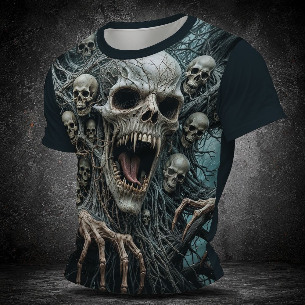Men's  Vintage Tangled Thorns Skull Cluster Dark Horror Short Sleeve T-shirt