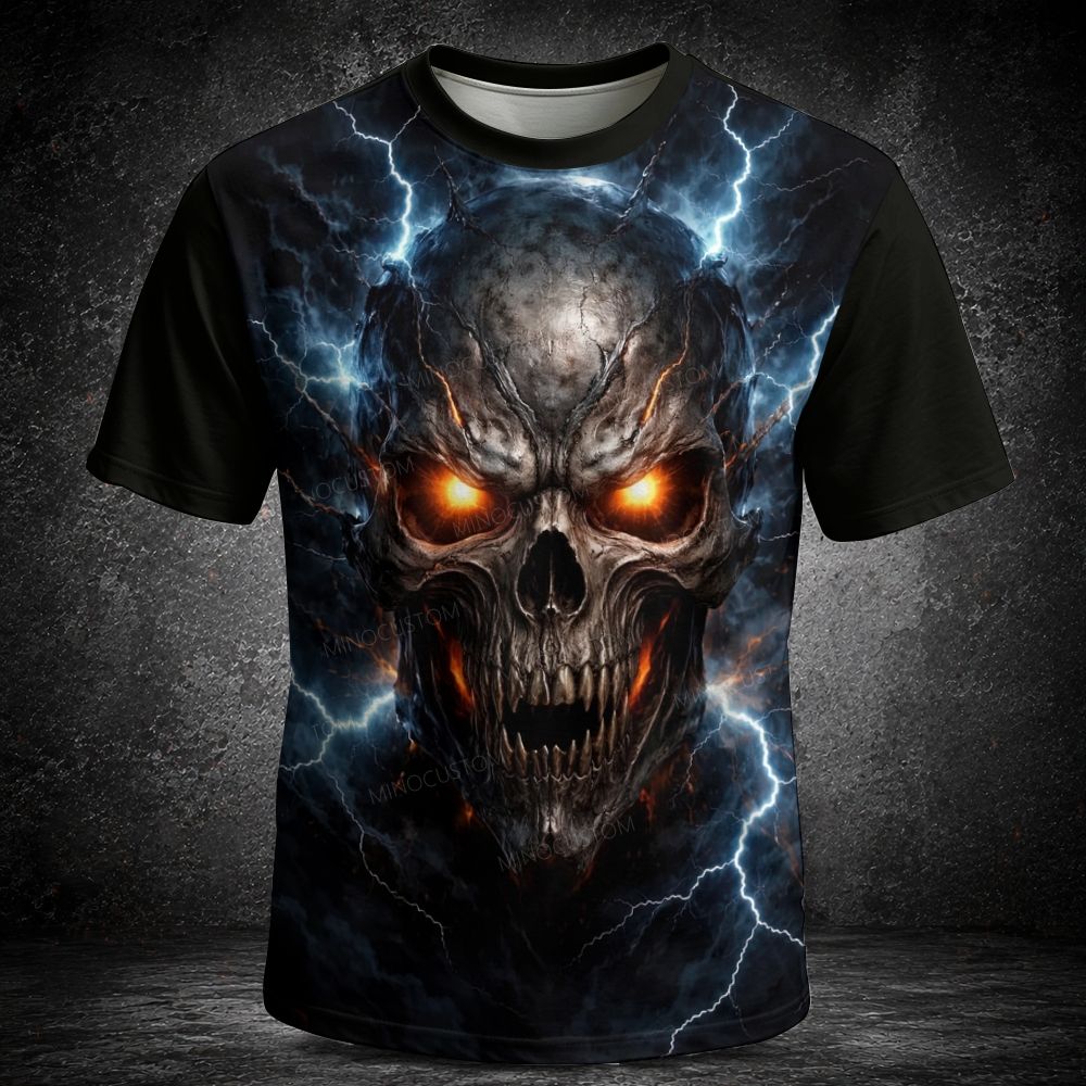 Men's  Vintage Lightning Glowing Eyes Skull Dark Fantasy Print Short Sleeve T-shirt