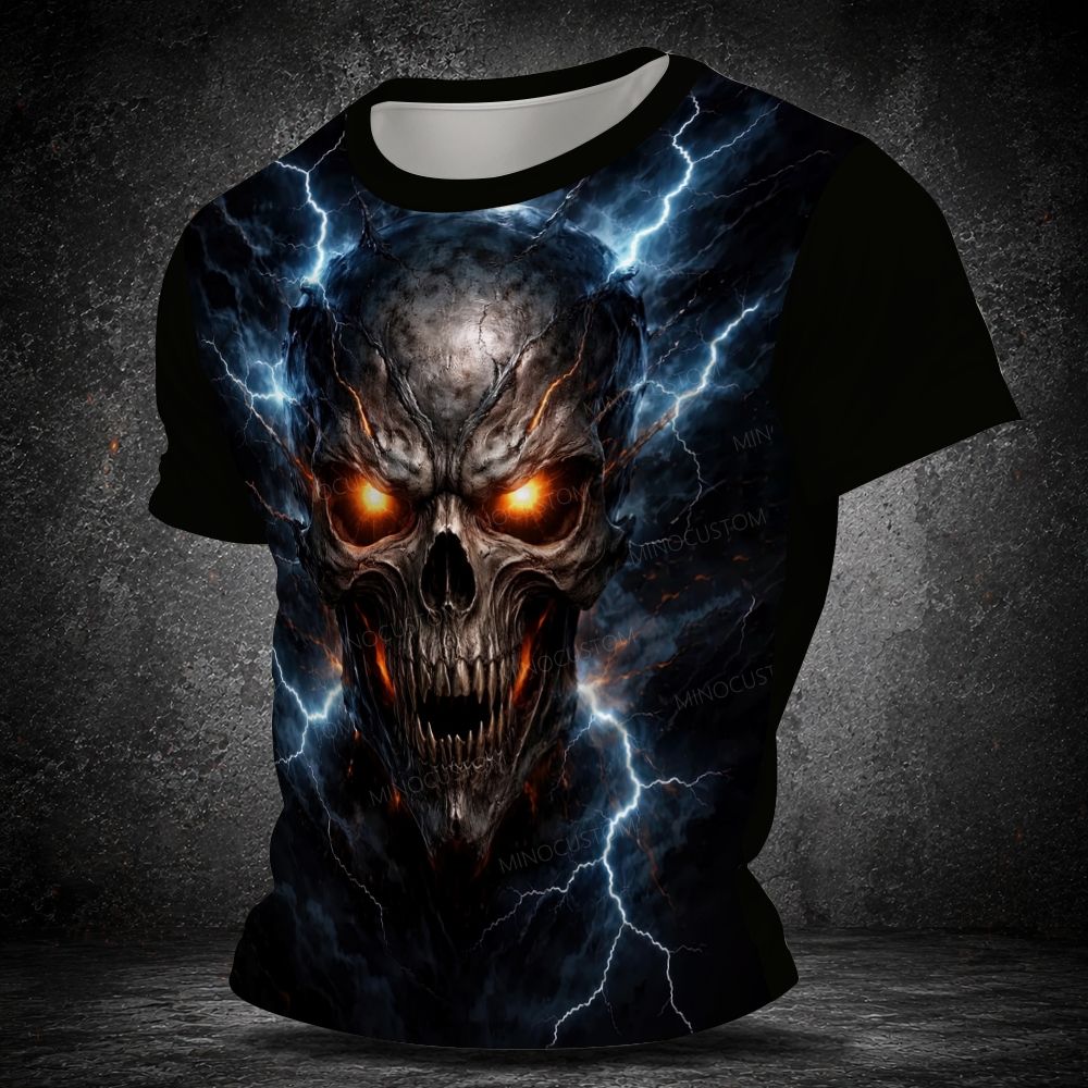 Men's  Vintage Lightning Glowing Eyes Skull Dark Fantasy Print Short Sleeve T-shirt