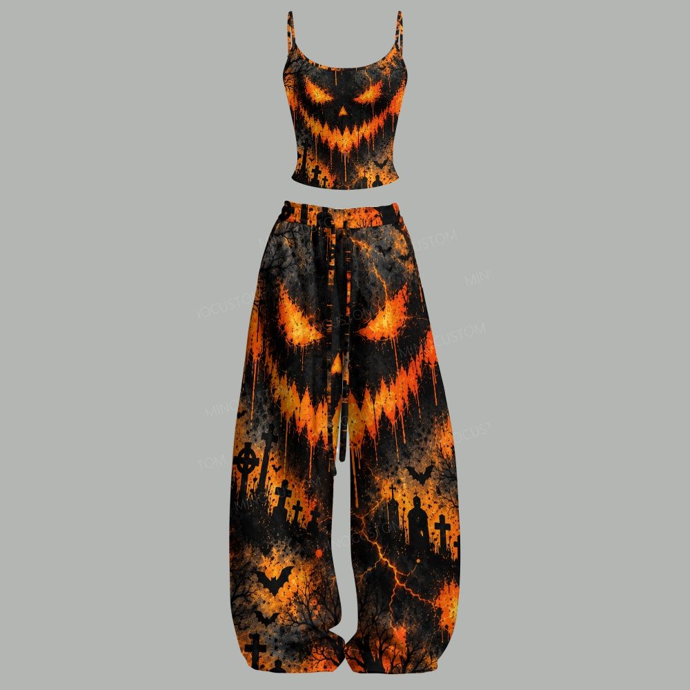 Spooky Pumpkin Skull Graveyard Halloween Full Print Top & Elasticated Trousers Two-Piece Set