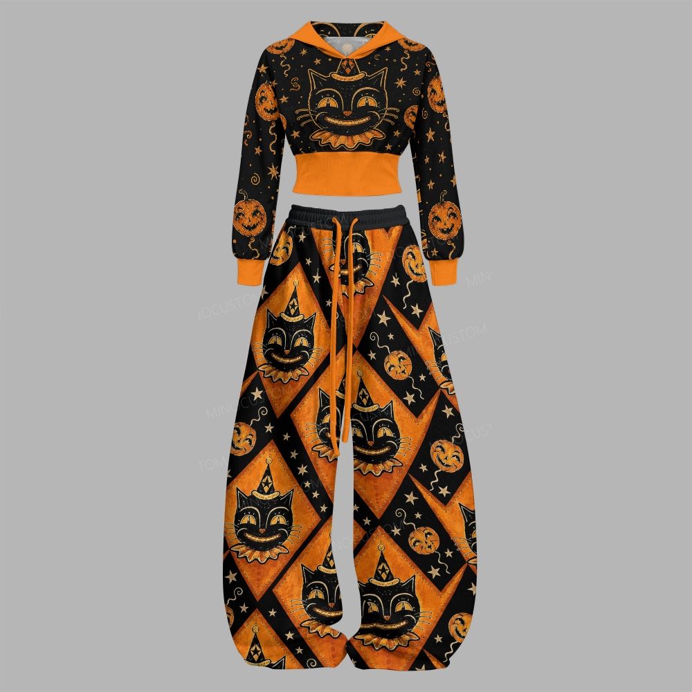 Vintage Retro Black Cat Pumpkin Halloween Slim-Fit Sweatshirt Set