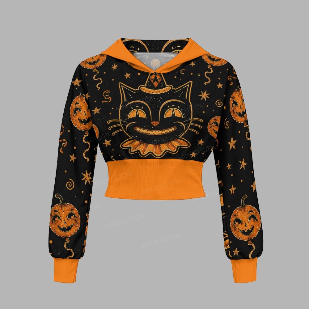 Vintage Retro Black Cat Pumpkin Halloween Slim-Fit Sweatshirt Set