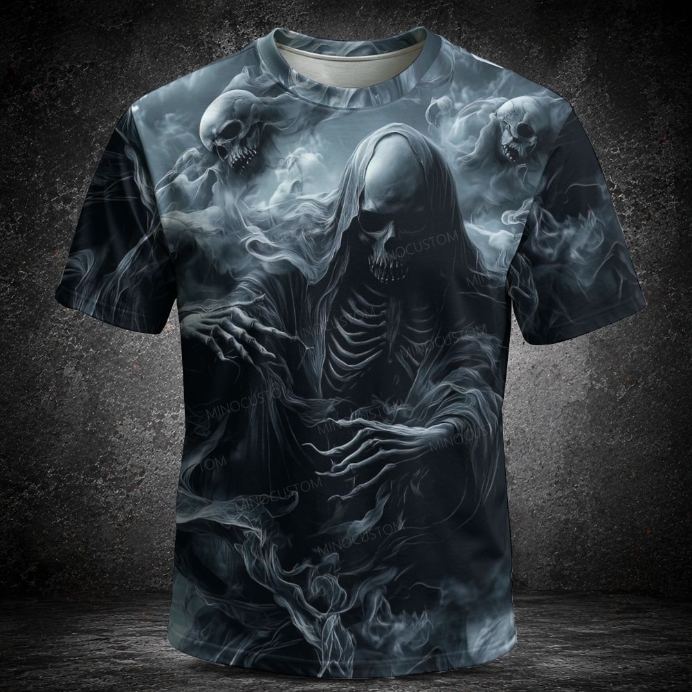 Men's  Vintage Misty Smoke Hooded Skeleton Reaper Short Sleeve T-shirt