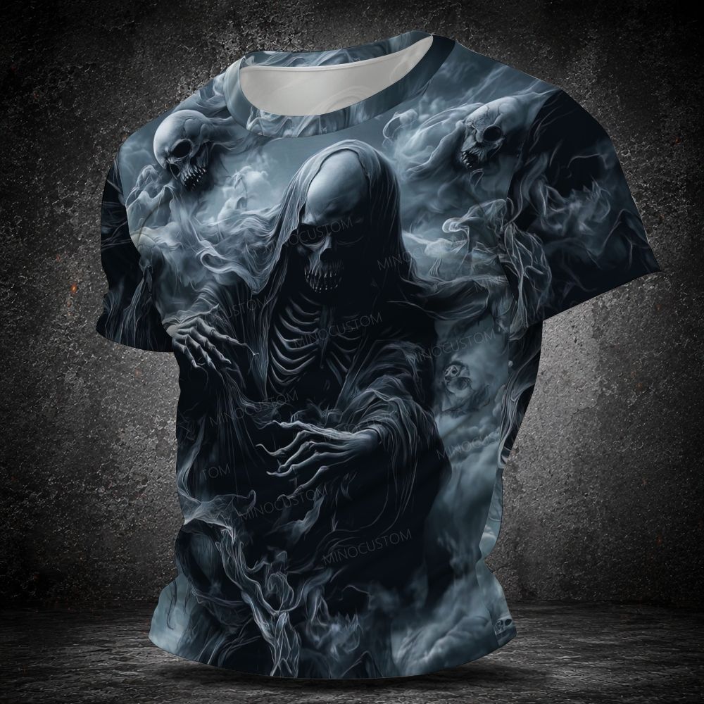 Men's  Vintage Misty Smoke Hooded Skeleton Reaper Short Sleeve T-shirt