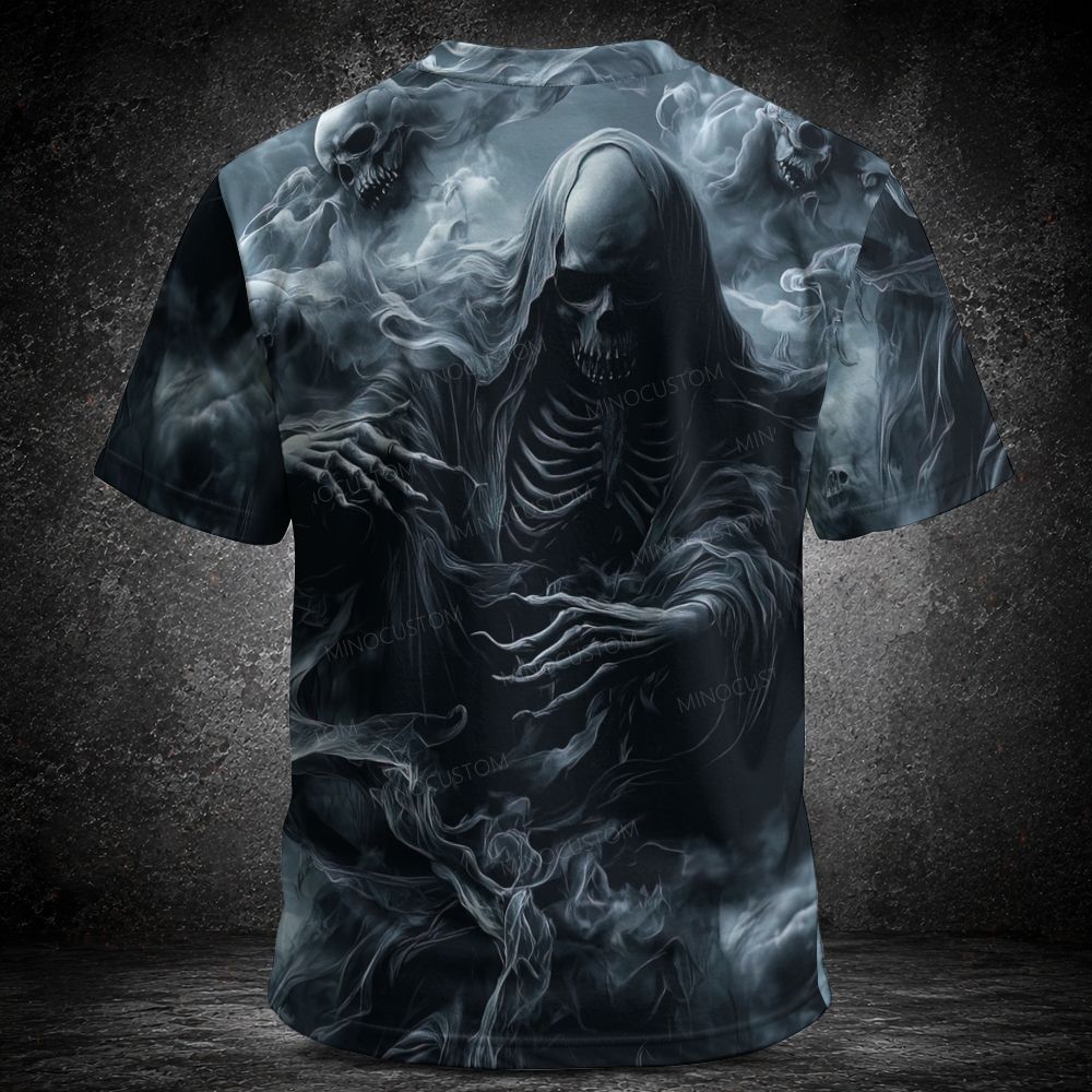 Men's  Vintage Misty Smoke Hooded Skeleton Reaper Short Sleeve T-shirt