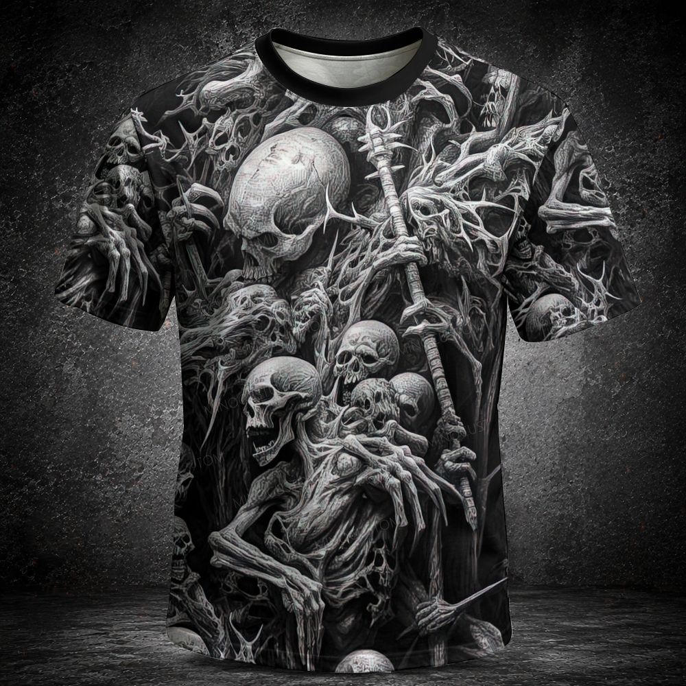 Men's  Vintage Gothic Engraved Skull Full Print Short Sleeve T-shirt