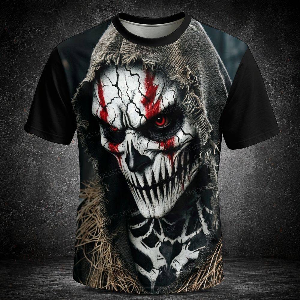 Men's  Vintage attered Burlap Hood Cracked Blood Skull Mask Short Sleeve T-shirt