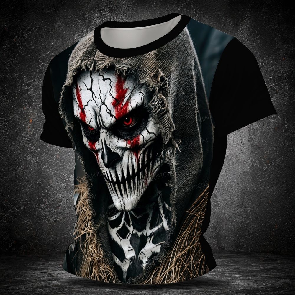 Men's  Vintage attered Burlap Hood Cracked Blood Skull Mask Short Sleeve T-shirt