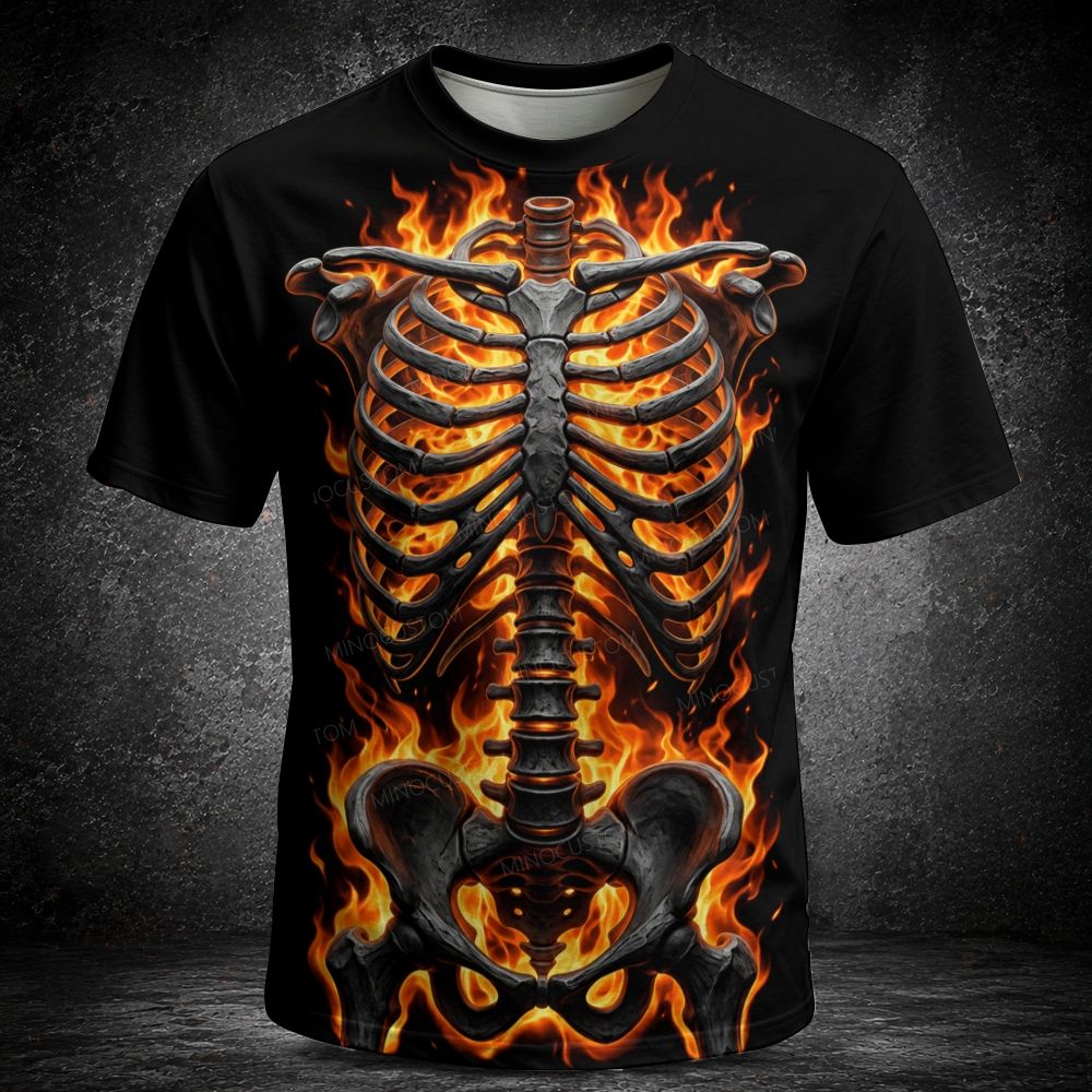 Burning Flaming Skeleton Ribcage Men's  Vintage Short Sleeve T-shirt