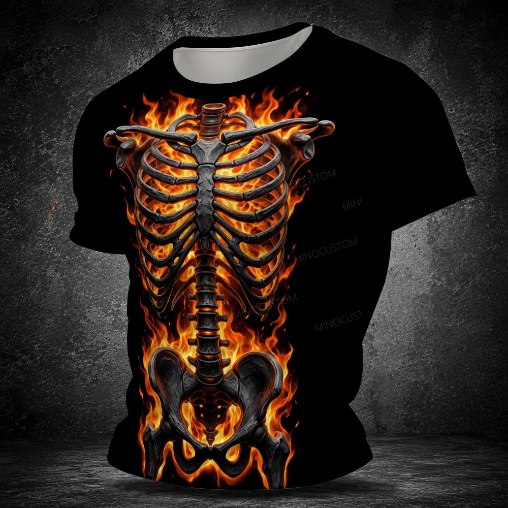 Burning Flaming Skeleton Ribcage Men's  Vintage Short Sleeve T-shirt