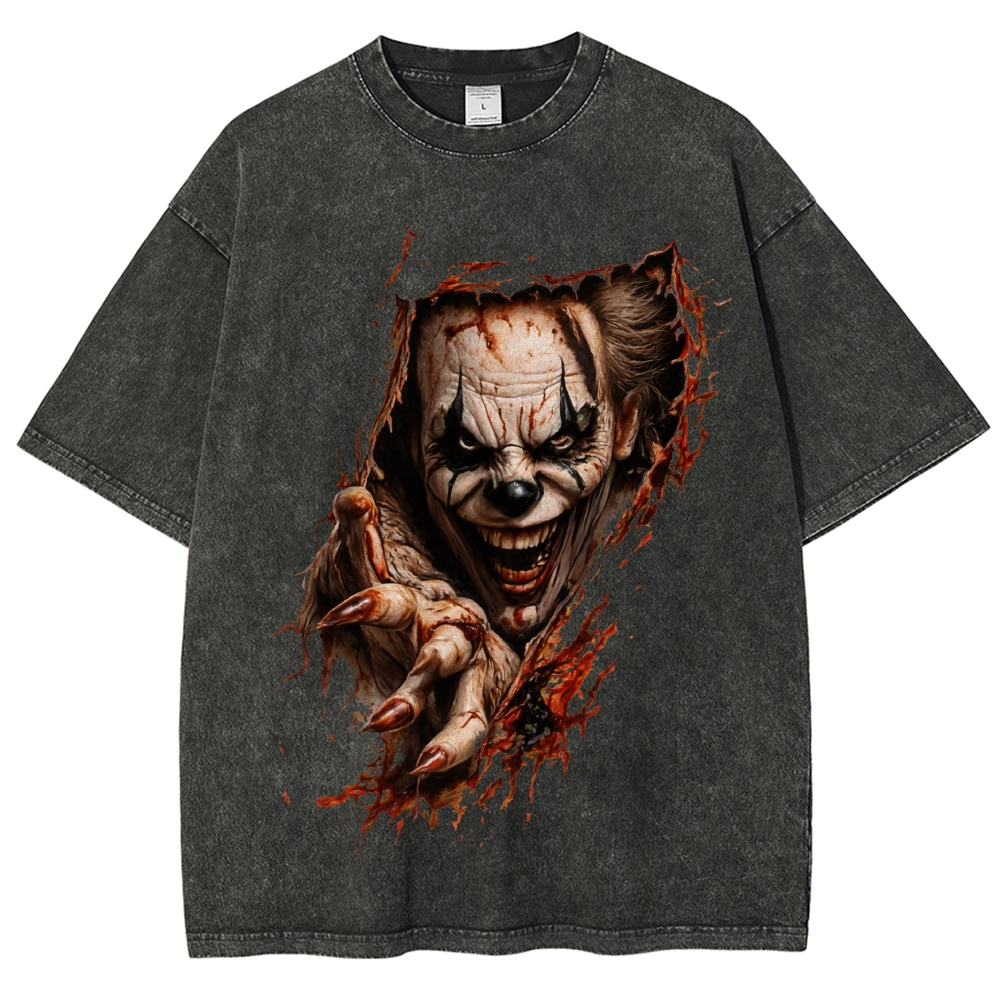 Halloween Men's Optical Illusion Creepy Clown Washed T-Shirt 