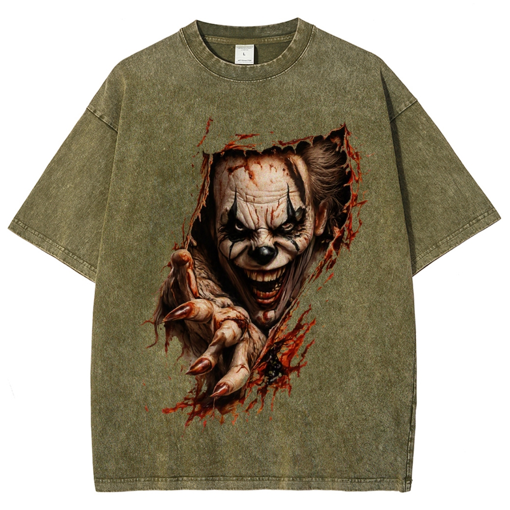 Halloween Men's Optical Illusion Creepy Clown Washed T-Shirt 