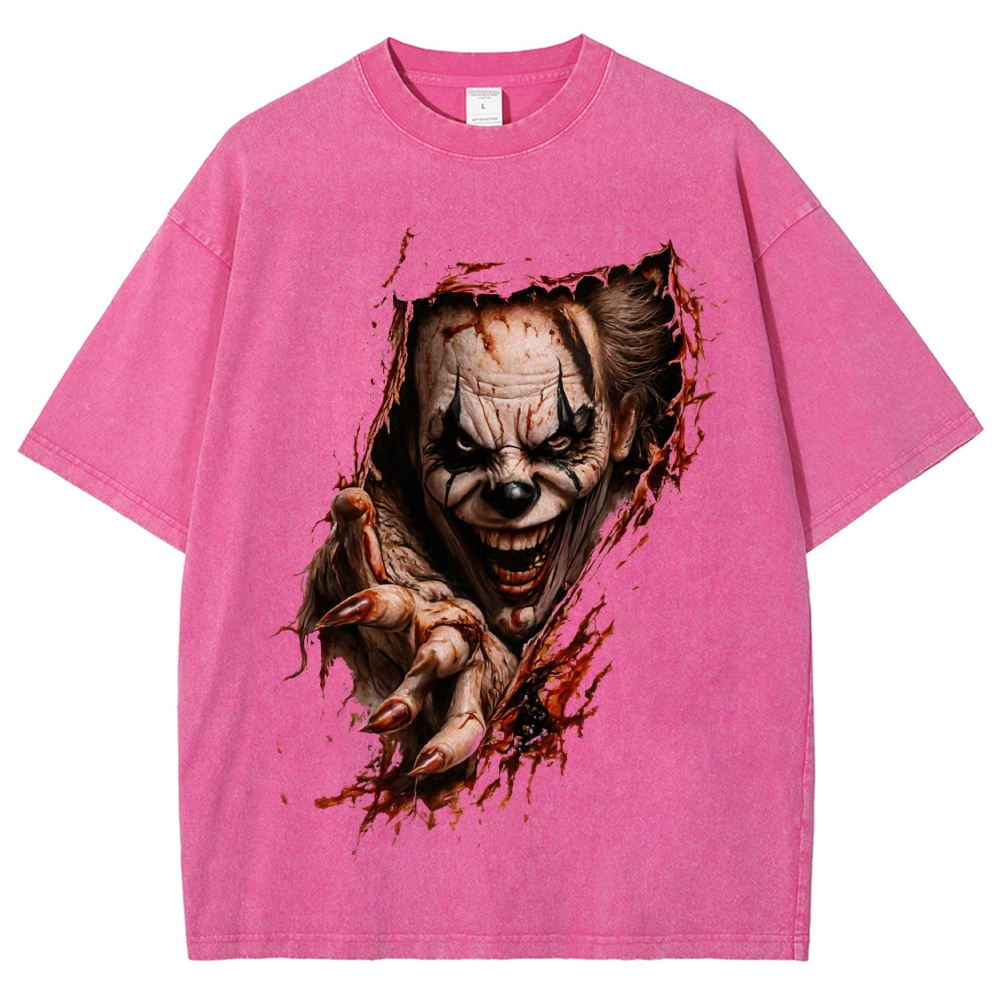 Halloween Men's Optical Illusion Creepy Clown Washed T-Shirt 
