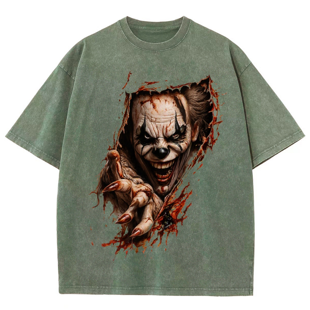 Halloween Men's Optical Illusion Creepy Clown Washed T-Shirt 