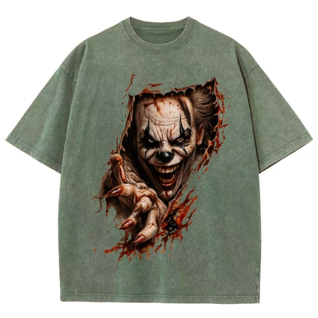 Halloween Men's Optical Illusion Creepy Clown Washed T-Shirt 