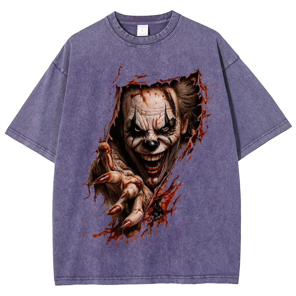 Halloween Men's Optical Illusion Creepy Clown Washed T-Shirt 