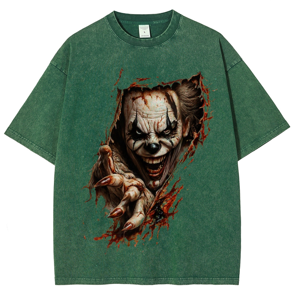 Halloween Men's Optical Illusion Creepy Clown Washed T-Shirt 